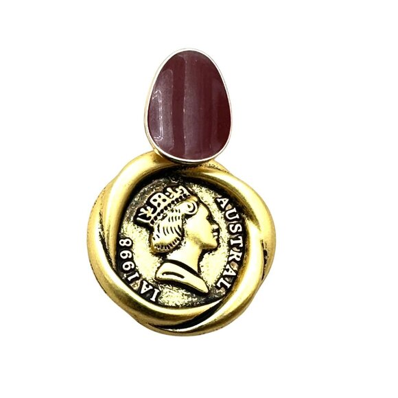 Womens Ancient Coin Gold Tone Earrings Pierced Dark Red Enamel Chandelier New - Picture 3 of 4